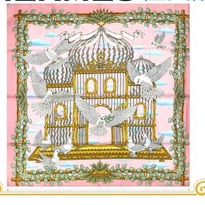 Hermes Pink and Gold Scarf with Dove and Cage Design